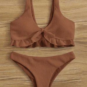 Knot Front Ruffle Trim Bikini Swimsuit (Brown)